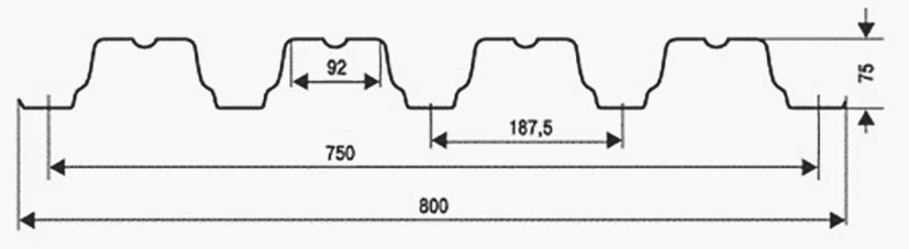 Чертёж профнастила Н75 толщиной 0.8 мм